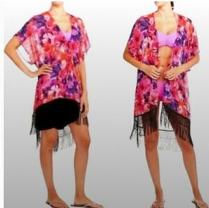 Catalina Kimono Cover Up Chiffon Floral Open Front Beach Short Sleeve Fringe L